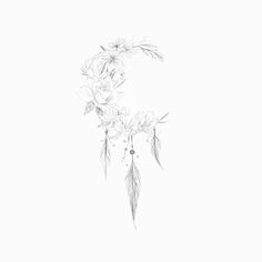 a pencil drawing of flowers and leaves on a white background with the letter c in the middle