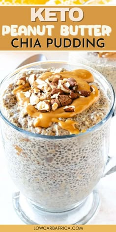 chia pudding in a glass bowl topped with nuts and caramel