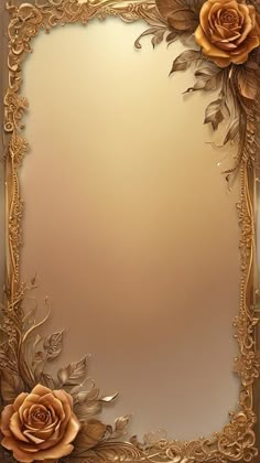 an ornate gold frame with two roses on the edges and leaves around it, as well as a golden background