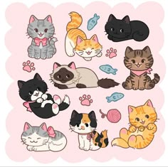 various cats and kittens stickers on a pink background