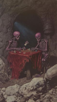 two skeletons are sitting at a table in front of a cave with an open door