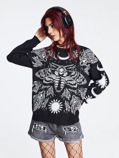 Black Casual Collar Long Sleeve Knitwear Animal,Halloween Pullovers Embellished High Stretch  Women Clothing Drop Shoulder Sweater, Heart Graphic, Drop Shoulder Sweaters, Women Sweaters, Graphic Patterns, Shoulder Sweater, Knitwear Women, Black Casual, Drop Shoulder