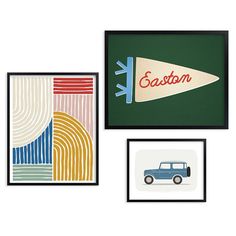 three framed art pieces with cars and the word easton on them in different colors, shapes and sizes