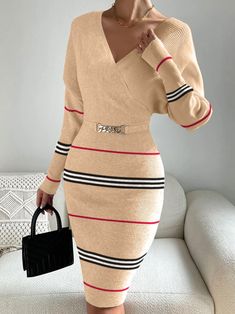 High Elasticity Elegant V Neck Long Sleeve Tight Striped Sweater Midi Dress | stylewe Church Outfit Winter, Stand Collar Dress, Sweater Midi Dress, Long Knit Sweater, Striped Bodycon Dress, 2024 Outfits, Dress With Long Sleeves, Long Sleeve Sweater Dress, Sweater Dresses