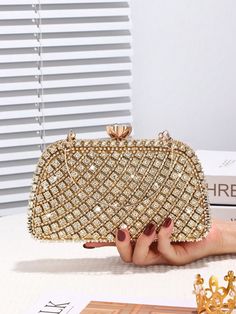 Luxury Rhinestone Gemstone Evening Bag, Elegant And Sparkling Hand-Held Wallet, Wedding Party Dance Banquet Women's Handbag Suitable For Birthday Gifts Valentine's Day Gifts,Trendy Purse Perfectly Matching With Birthday Dresses For Women Gold Glamorous   Lead Alloy Geometric,All Over Print Box Bag   Women Bags, size features are:Bust: ,Length: ,Sleeve Length: Birthday Dress Women, Beg Tangan, Party Purse, Vintage Style Jewellery, Birthday Woman, Womens Purses, Printed Bags, Birthday Dresses, Evening Clutch Bag