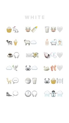 the white background has many different types of objects on it, including clouds and animals