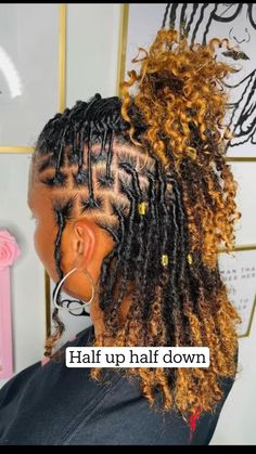 Locs Hairstyles For Women Half Up Half Down, Medium Locs With Curly Ends, Rod Set Loc Styles, Half Up Half Down Loc Hairstyles, Loc Styles With Curly Ends, Half Up Half Down Hair Black Women Locs, Loc Style Half Up Half Down, Locs Hairstyles Half Up Half Down, Locs Half Up Half Down Styles