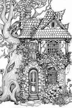 a black and white drawing of a tree house