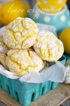 lemon crinkle cookies in a blue basket