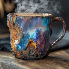 a cup that is sitting on top of a table with steam coming out of it