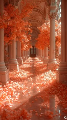 an image of a hallway with columns and red leaves on the ground in front of it