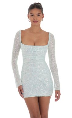 Knit Sequin Long Sleeve Dress in Blue Light Blue Sparkly Dress, Long Sleeve Sparkle Dress, Long Sleeve Hoco Dress, Winter Formal Dresses Short, Long Sleeve Sparkly Dress, Snowball Dresses, Short Sparkly Dresses, Winter Dance Dresses, Winter Ball Dresses