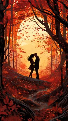 a painting of two people kissing in the woods