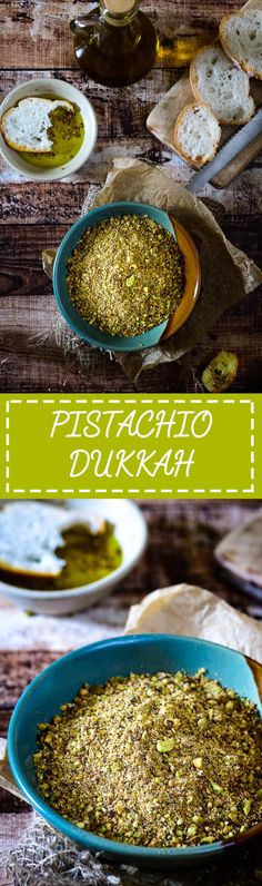 pistachio dunkah in a blue bowl on a table with bread and olives