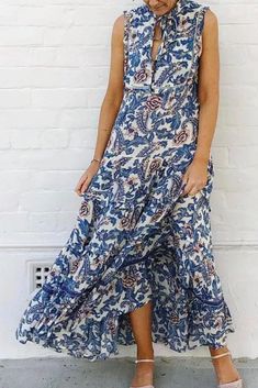 US$ 39.47 - Elegant Blue Printed Notched Collar Sleeveless Fairy Dress - www.streetally.com Fitted Sleeveless Breezy Sundress, Fitted Breezy Sleeveless Sundress, Sleeveless Breezy Dress For Garden Party, Fitted Tiered Sleeveless Dress For Vacation, Bohemian Sleeveless Dress With Ruffles For Vacation, Bohemian Sleeveless Ruffled Dress For Vacation, Blue Tiered Sleeveless Dress For Spring, Breezy Sleeveless Dress For Garden Party, Bohemian Fitted Halter Neck Sleeveless Dress