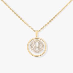 Worn to accentuate a neckline with a touch of elegance or layered with another diamond necklace for an on-trend look, the Lucky Move medallion pendant with pavé diamonds is the new timeless diamond jewel by Messika. Set with diamonds, this yellow gold diamond necklace reimagines the famous Move motif with pure elegance. You’ll love its chain, which has a sliding system that makes it possible to adjust the diamond necklace to the length of your choice. You'll love this yellow gold diamond necklac Detachable Round Diamond Pendant Necklace, Modern Pave Diamond Necklace, Modern Diamond Necklace With Pave Setting, Luxury White Gold Pendant Diamond Necklace, Luxury White Gold Diamond Pendant Necklace, Luxury White Gold Diamond Necklace With Detachable Pendant, Elegant White Diamond Initial Pendant Necklace, Luxury Diamond Necklace With Detachable Round Pendant, Luxury Yellow Gold Medallion Diamond Necklace