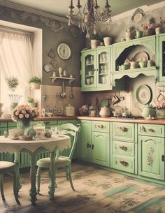 an old fashioned kitchen with green cabinets and white tablecloths on the counter top