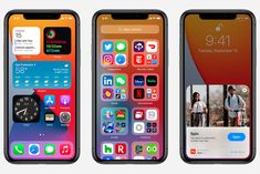 three iphones with different app icons displayed on them, one is displaying the same time