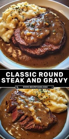 steak and gravy on a plate with mashed potatoes