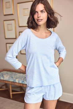 The Pima Long-Short Set in Hydrangea, our best-selling purpley-blue, features a three-quarter length sleeve scoop neck top and shorts with an elastic waistband and 3" inseam. Made from 100% Pima Cotton. Lake Pajamas, Hydrangea Blue, Soft Pajamas, Scoop Neck Top, Perfect Gift For Mom, Short Pajama Set, Long Shorts, Pajama Top, Short Set