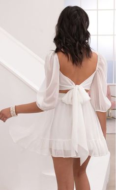 Party dresses > Neia Ruffle Dress in White Chiffon White Long Sleeve Mini Dress, White Dresses Graduation, Mini Dress Outfit, Cute White Dress, White Mini Dress Graduation, Fest Outfits, Dresses Graduation, White Mini Dress Outfit, Mini Dress Formal