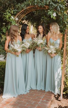 the bridesmaids are all dressed in light blue dresses