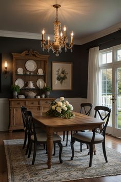 a dining room table with chairs and a chandelier