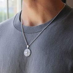 Silver Compass Pendant Necklace For Men or Women - Necklace - Boutique Wear RENN Outdoor Medallion Necklace With Compass Design, Mens Necklaces, Pendant Necklace Silver Men, Mens Silver Pendant Necklace, Men Pendant Necklace Silver, Affordable Men's Pendant Jewelry, Mens Necklace Compass, Stainless Steel Pendant Necklace With Compass Design, Silver Compass Necklace