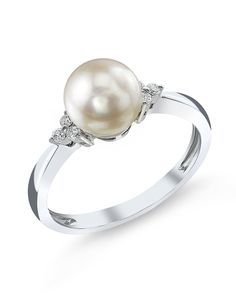 Akoya Pearl & Diamond Grace Ring White Pearl Ring With Diamond Accents And Akoya Pearl, Formal Pearl Drop Diamond Ring Fine Jewelry, Formal White Diamond Ring With Pearl Drop, White Akoya Pearl Rings With Diamond Accents, Pearl White Diamond Pearl Ring With Drop Detail, Pearl White Diamond Ring With Pearl Drop, Classic White Pearl Ring With Diamond Accents, White Diamond Pearl Drop Ring, White Pearl Diamond Ring With Pearl Drop