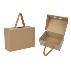 an open cardboard box and a brown paper bag with handles on both sides are shown