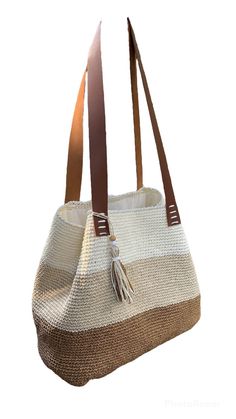 Tote BAG Crochet paper Yarn Beach Bag Leather Accessories - Etsy Crochet Beach Bag Pattern, Beach Bag Pattern, Crochet Beach Bag, Crochet Beach Bags, Tote Bag Crochet, Paper Yarn, Accessories Crochet, Knitted Bag, Tan Bag