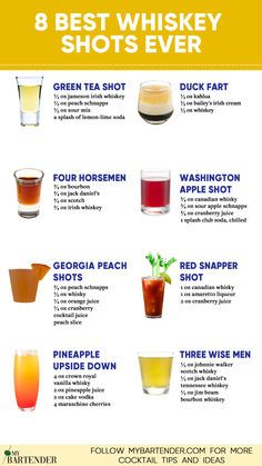 the 8 best whiskey shots ever poster with different drinks in glasses and names on it