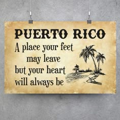 a sign that says puerto rico on it with a palm tree and beach in the background