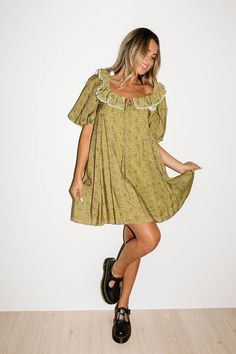 mini good luck puff sleeve dress // green floral *zoco exclusive*