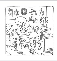 a black and white drawing of two rabbits eating food in a kitchen with other animals