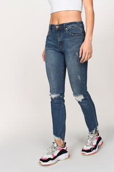 Your Weekend Countdown Begins Here. Add The Hughes Mid Rise Vintage Wash Skinny Jean To Your Denim Collection. Get Weekend-Ready With These Cut Out Knee Jeans, Featuring A Distressed Step Hem And A Mid Rise Fitted Construction. Let These Ankle Length Jeans Carry You Through The Seasons To Add A Little Extra Edge To Your 'Fits.