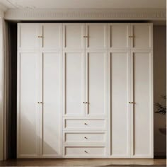 an empty room with white closets and drawers in the corner, next to a potted plant