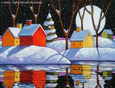 a painting of snow covered houses and trees by the water with reflections in the water