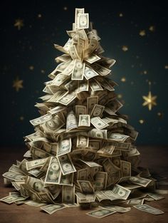 a pile of money sitting on top of a wooden table next to a christmas tree