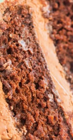 a piece of chocolate cake sitting on top of a white plate covered in frosting