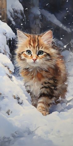 a painting of a cat walking through the snow