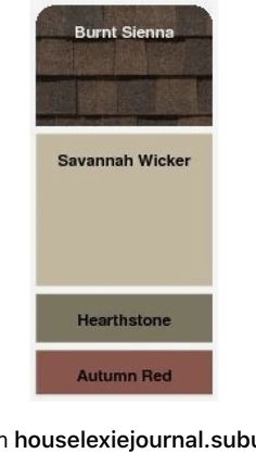 the exterior color scheme for a house with wood shingles and siding colors, including autumn red