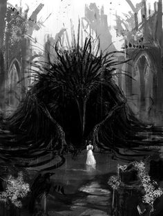 a black and white image of a woman standing in front of a giant iron throne