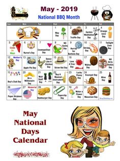 the national bbq calendar for may is shown with images of people and food on it