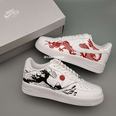 The Nike Air Force 1 Waves And Dragons Custom is a fashionable and unique version of the classic shoe. Incorporating waves and dragons into the design, this shoe is sure to make a statement. With the high-quality and comfort of Nike, you can't go wrong with this one-of-a-kind custom shoe. ★ Brand new with box ★ Each pair is unique and one of a kind ★ Each pair is personally handmade, painted with high quality Angelus. ★ Leather acrylic paint. Topped with a clear coat for extra protection. ★ Avai Custom Air Force 1 Men, Customising Shoes, Customised Shoes, Dragon Air, Painted Converse, Painted Nikes, Air Force Shoes, Custom Shoes Diy, Nike Shoes Girls