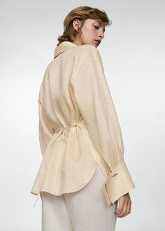 Linen shirt with bow detail Chic Linen Tops For Formal Occasions, Elegant Linen Blouse For Work, Chic Beige Linen Blouse, Elegant Formal Linen Tops, Chic Linen Blouse, Elegant Linen Spring Blouse, Elegant Linen Blouse For Daywear, Elegant Linen Office Top, Elegant Linen Tops For Office