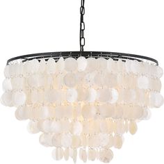 a chandelier with white shells hanging from it's black metal frame and chain