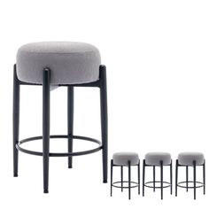 three stools and four stools in front of a white background