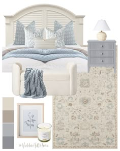 the color scheme for this bedroom is blue and white, with neutrals in it