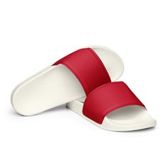 WOMEN'S RED SLIDES WITH WHITE SOLES ARE GREAT FOR THE POOL AND BEACH, OR EVEN AS CHRISTMAS SLIPPERS. Sizes are US women's. Please choose correctly. The size conversion chart is between the photos. A must-have for the summer: these red women's slides. A pair of these will keep you comfy throughout your day of beach or pool activities, thanks to the cushioned upper strap and the textured footbed.  * Cushioned and durable faux leather upper strap * Lightweight polyurethane (PU) outsole * Contoured, Comfortable Red Round Toe Slip-ons, White Cushioned Slip-ons For The Beach, Red Cushioned Flip Flops For Beach, Red Cushioned Flip Flops For The Beach, Red Cushioned Slippers For Summer, Comfortable Red Slippers For Summer, Casual Red Non-slip Sandals, Casual Non-slip Red Sandals, Red Casual Summer Slippers